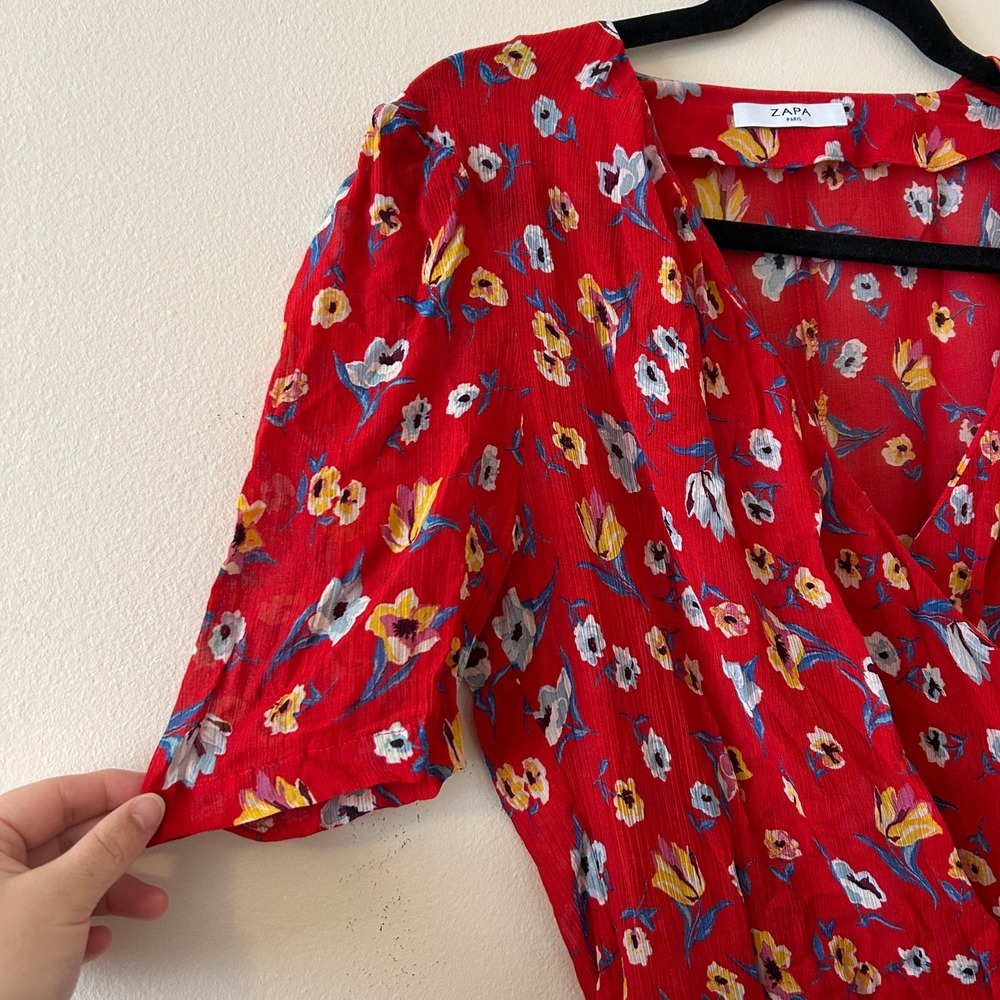 Zapa Paris Red Floral Silk Blend Wrap Mini Dress Size 38 - Picture 9 of 14